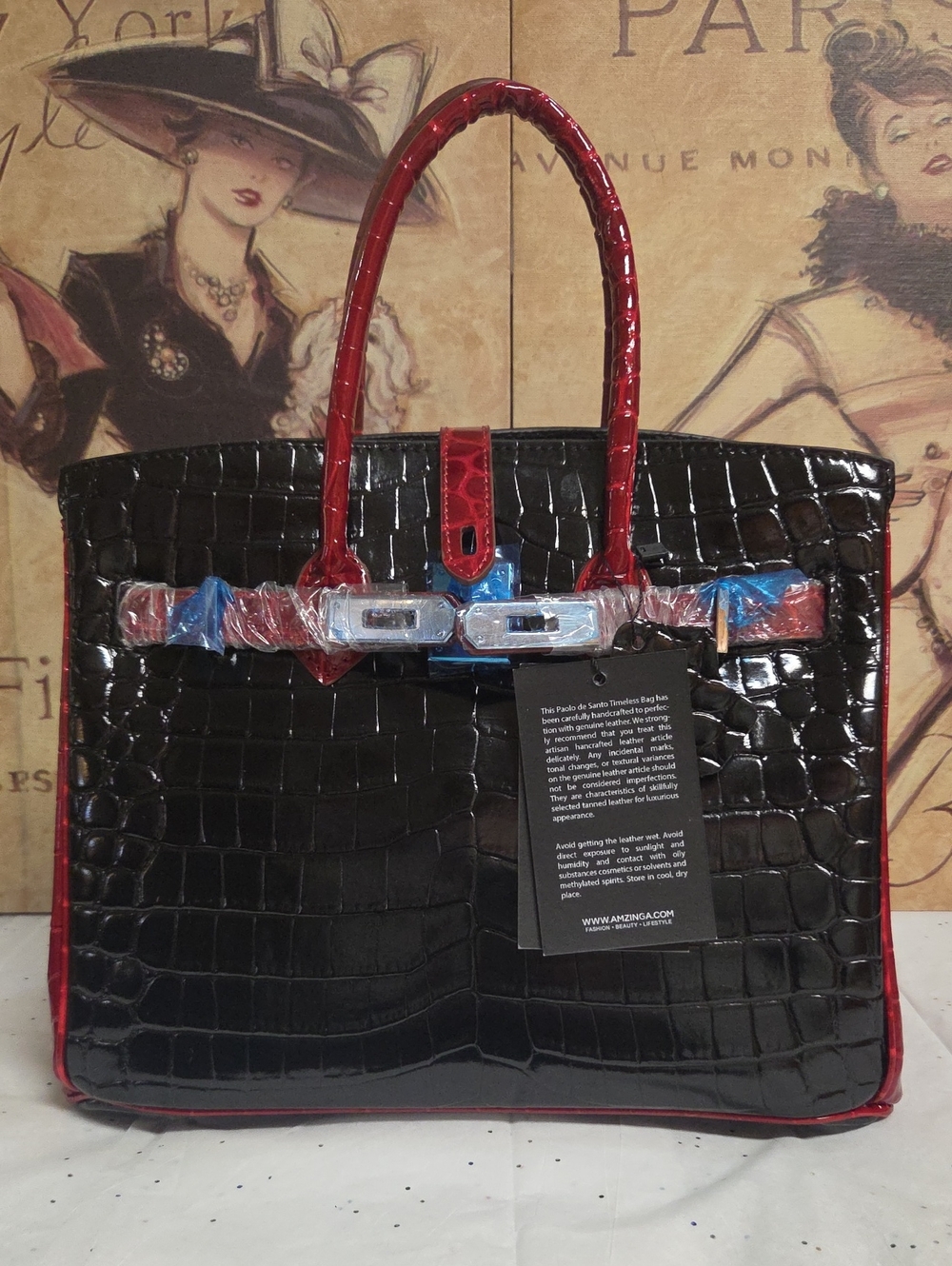 Santo By Paolo De Santo Black Croc-Embossed Tote with Red Trim